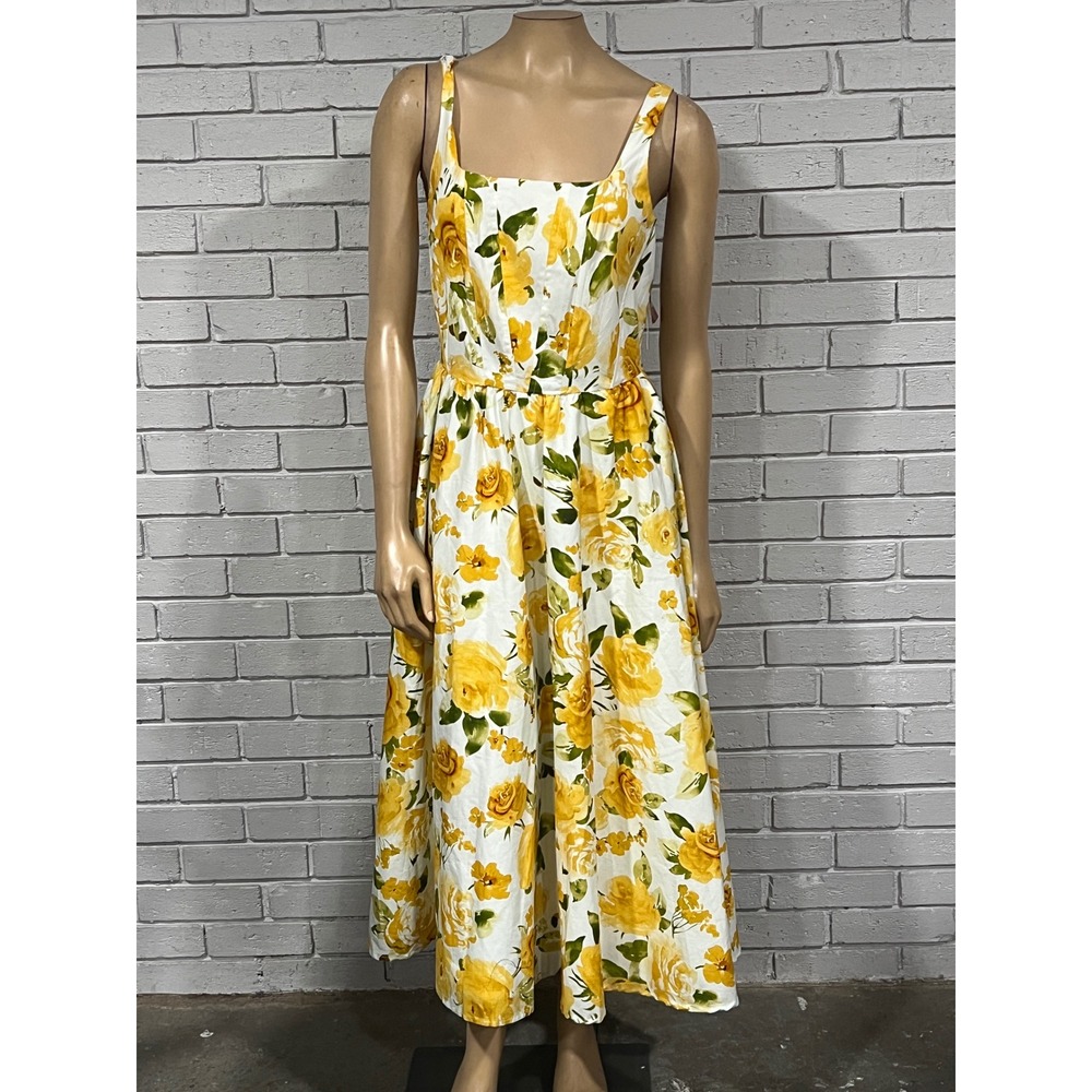 Jason Wu Women White Yellow Rose Floral Square Neck Midi Dress | Size 12 - Picture 2 of 7